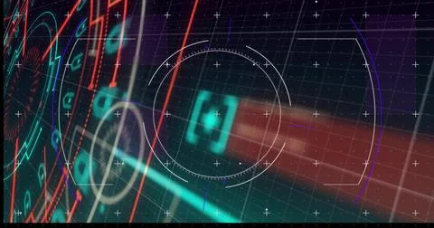 Displaying central circular reticle and glowing teal square over HUD grid, Stock Illustration