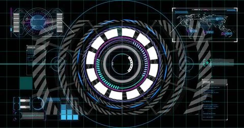 Displaying central circular reticle scanning HUD environment with grid, world 写真素材