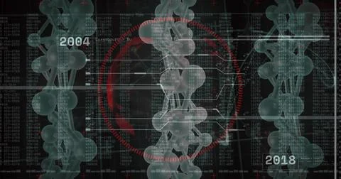 Displaying central clear molecular helix at digital lab display, showing red  Stock Photos