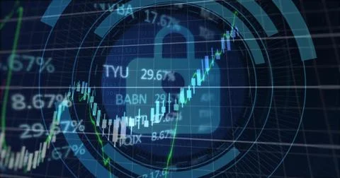 Displaying central clear padlock icon guarding fintech dashboard, showing Illustrazione stock
