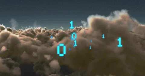 Displaying central cloud bank at high altitude, cyan binary digits floating Foto stock