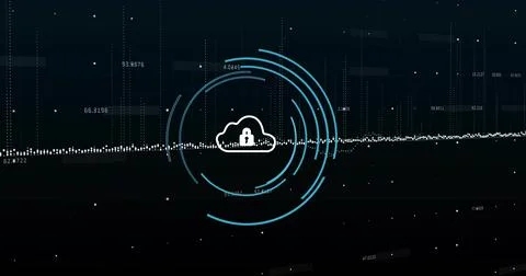 Displaying central cloud icon securing with padlock in interface with concentric Stock Illustration