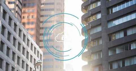 Displaying central cloud lock graphic hovering over downtown street canyon, Stock Photos