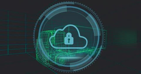 Displaying central cloud lock inside circular HUD in 3D grid, showing neon gr Stock Illustration