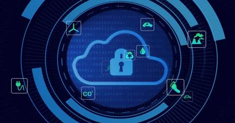 Displaying central cloud padlock on HUD, showing binary code, concentric rings Illustrazione stock
