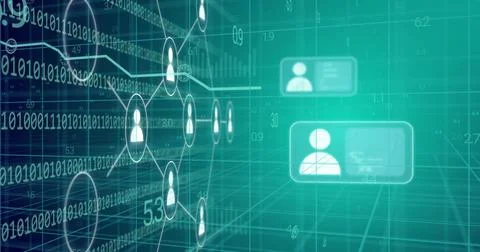 Displaying central cluster of avatar nodes connecting with arcs over 3D grid, Stock Illustration
