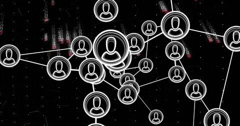 Displaying central cluster of avatars linking via lines in digital network, with 스톡 일러스트