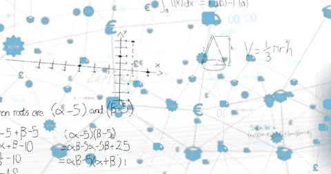 Displaying central cluster with blue nodes, gear icons, gray lines, marker math Illustrazione stock