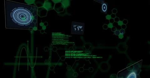 Displaying central cluster emitting glowing green code and hexagon nodes in 写真素材