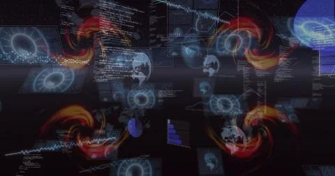 Displaying central cluster of floating holographic data panels in virtual void, Illustrazione stock