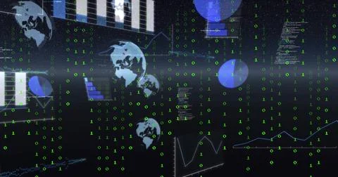 Displaying central cluster of globe icons, green binary columns, clear charts Stock Illustration