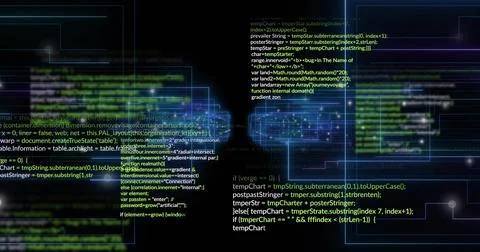 Displaying central cluster of glowing panels and bright code across dark digi Stock Illustration