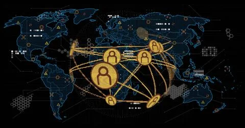 Displaying central cluster of golden user tokens pulsing on digital world map, Stock Illustration