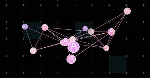Displaying central cluster of pink purple nodes with thin links on black grid, Stock Illustration