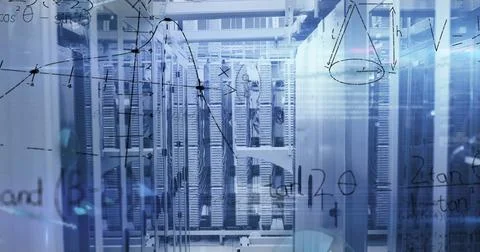Displaying central cluster of server racks humming in data center interior, with Stock Photos