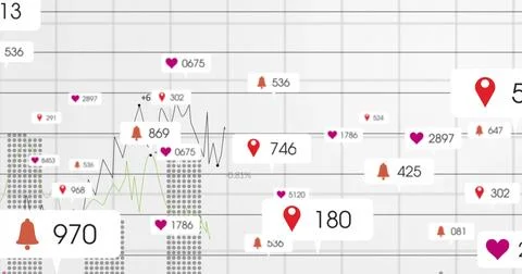 Displaying central cluster white callouts with pin, heart, bell icons and line Stock Illustration