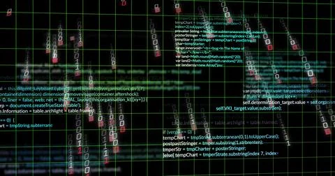 Displaying central code and binary cluster flowing over green grid, with UI イラスト素材
