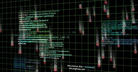 Displaying central code cluster floating over virtual grid, showing neon-green Foto stock