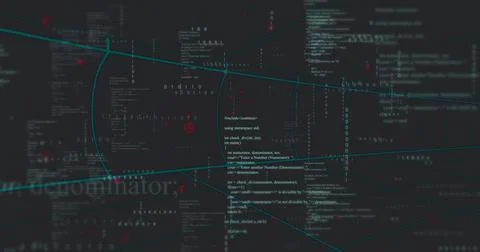 Displaying central code column highlighting C++ syntax on dark terminal, with Stock Illustration