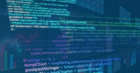 Displaying central code on computer screen, with multicolor bar chart and Stock Photos