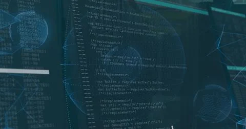 Displaying central code editor showing JavaScript variables in tech space, with Stock Illustration
