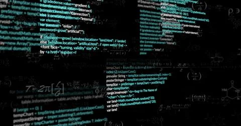 Displaying central code fragments across coding interface, with panels, formulas Stock Photos