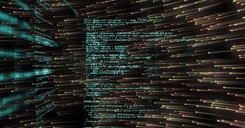 Displaying central code panel projecting colorful data flow in virtual tunnel 스톡 일러스트