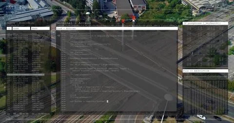 Displaying central code window hovering over aerial highway junction, showing ID 写真素材