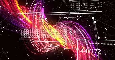 Displaying central colorful data ribbon twisting across black backdrop, with HUD Stock Illustration