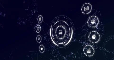 Displaying central computer icon in circular UI on dark interface, with glowi Stock Illustration