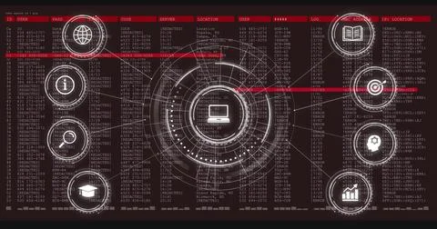 Displaying central concentric HUD with card-shaped icon on dark red dashboard, イラスト素材