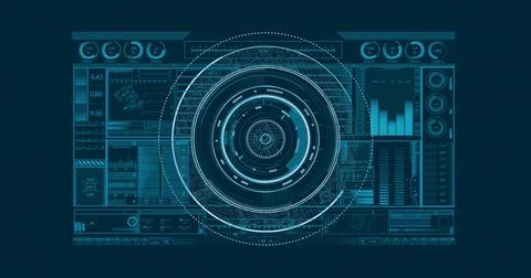 Displaying central concentric HUD rotating on futuristic dashboard, with data Stock Illustration