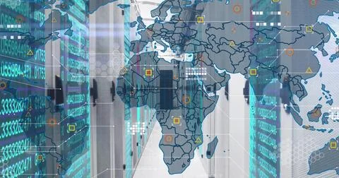 Displaying central corridor through data center, with server racks, cables and Stock Photos