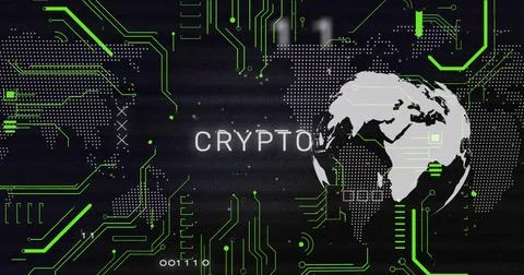 Displaying central CRYPTO text and stylized globe anchoring digital network, Stock Photos