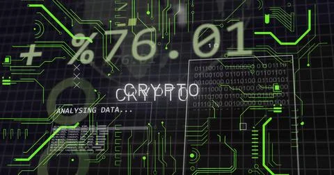 Displaying central CRYPTO text glitching over grid, with binary blocks, Stock Photos