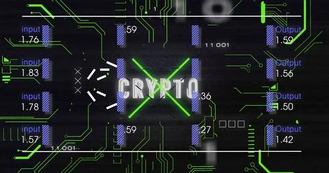 Displaying central CRYPTO text glowing on neon green X in virtual interface, Stock Photos