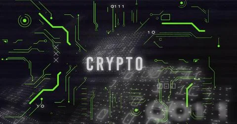 Displaying central CRYPTO text glowing in virtual interface with green circuits, 스톡 사진