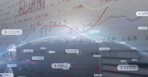 Displaying central curved globe data surface in virtual dashboard, with red Stock Photos
