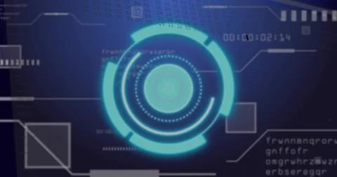 Displaying central cyan multi-ring HUD on dark gradient, showing dotted ring, Stock Illustration