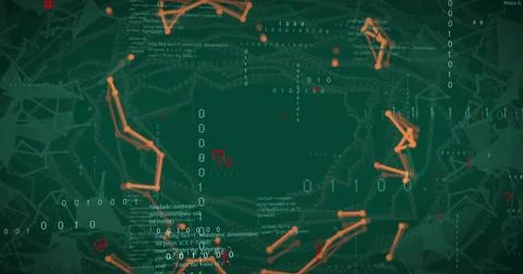 Displaying central dark void pulsing within orange node chains in data interf Stock Illustration