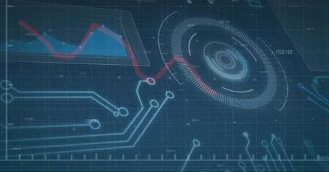 Displaying central dashboard on blue grid, featuring circular HUD, red line Stock Illustration