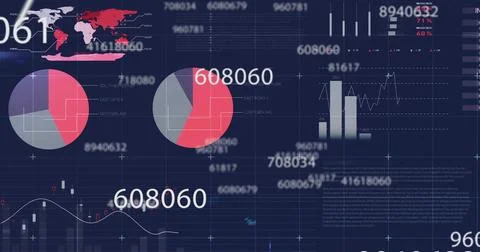 Displaying central dashboard on screen, with pie charts, numeric 608060, red Stock Illustration