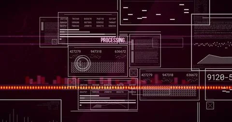Displaying central dashboard showing numeric codes in HUD, UI panels, glowing Stock Illustration