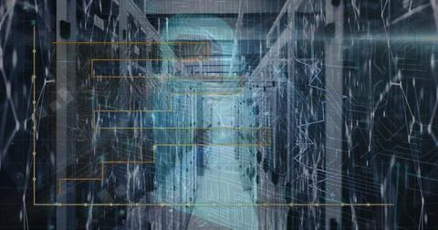 Displaying central data center aisle featuring holographic network overlay, with Stock Photos