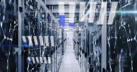 Displaying central data center corridor hosting glowing network diagrams, with Stock Photos