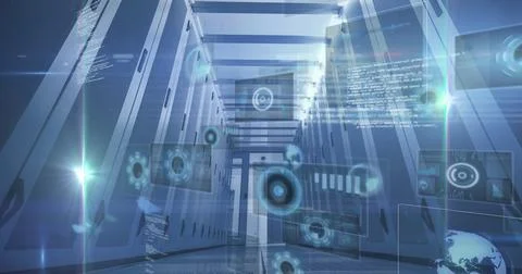 Displaying central data center corridor with server racks and floating Stockfoto's