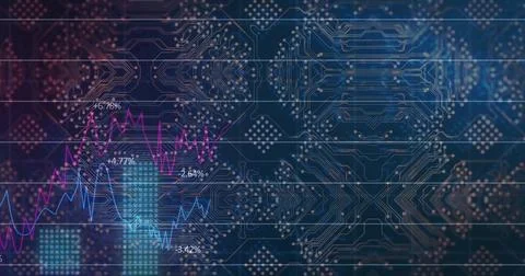 Displaying central data chart in blue dashboard, showing magenta and cyan lines イラスト素材
