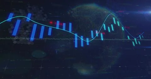 Displaying central data chart on dashboard, showing blue candles, cyan trend, Stock Illustration