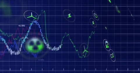 Displaying central data chart tracing multi-colored graphs on energy dashboard, Illustrazione stock