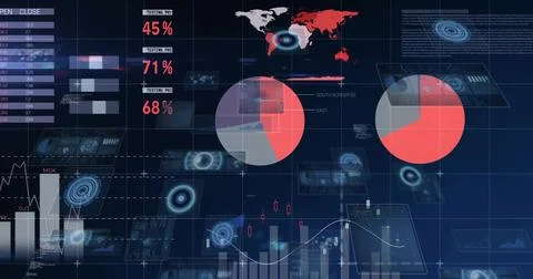 Displaying central data cluster on dark dashboard, with two red gray pie charts Ilustración de archivo